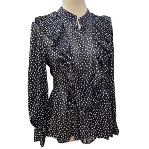 MNG Mango Black & White Polka Dot Sheer Ruffle Top Blouse Size 4